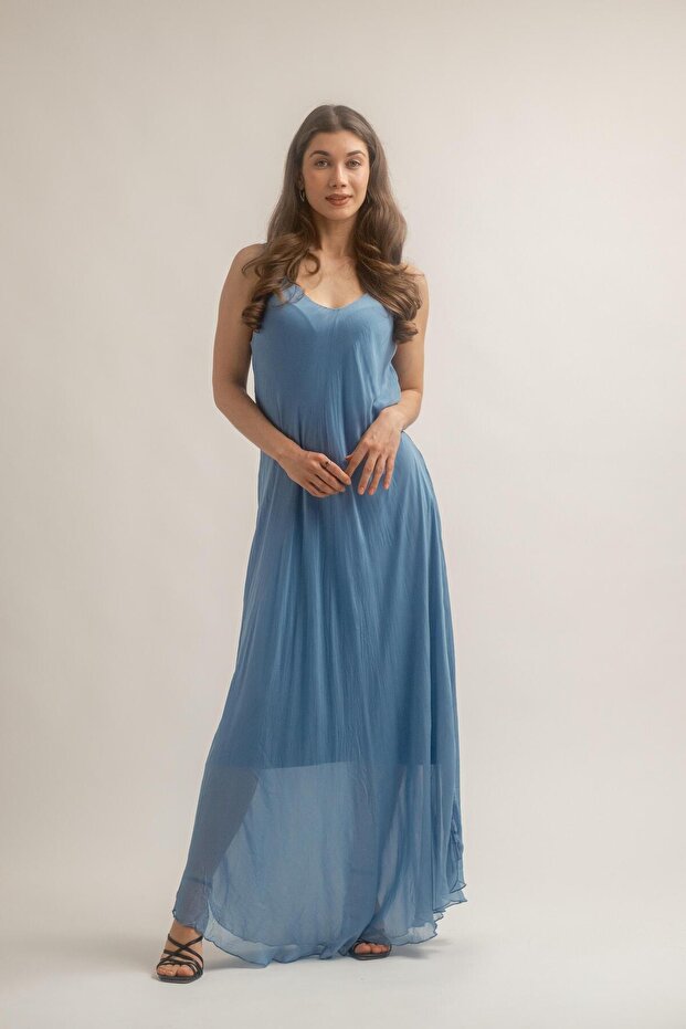 KALIN ASKILI UZUN İPEK ELBİSE - 7