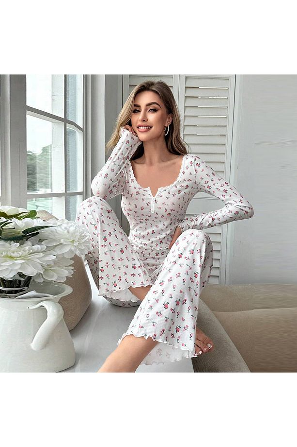 Çiçek Baskılı Pamuk Pijama - 1