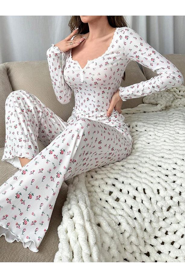 Çiçek Baskılı Pamuk Pijama - 5