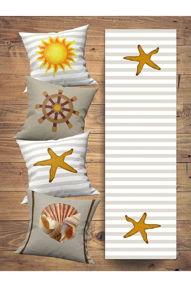 Deniz, Kum, Güneş, Mikro Fiber Kumaş, Balkon, Bahçe, Mutfak, Runner ve 4'lü Kırlent Kılıf Set - 1