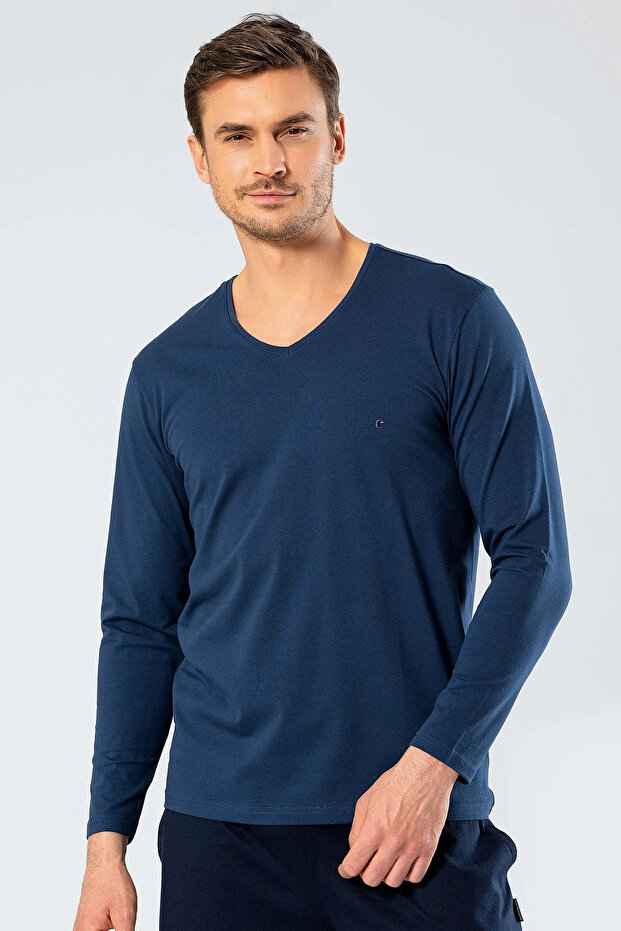 Men's T-Shirt, Cotton & Lycra, Long Sleeve, V-Neck
