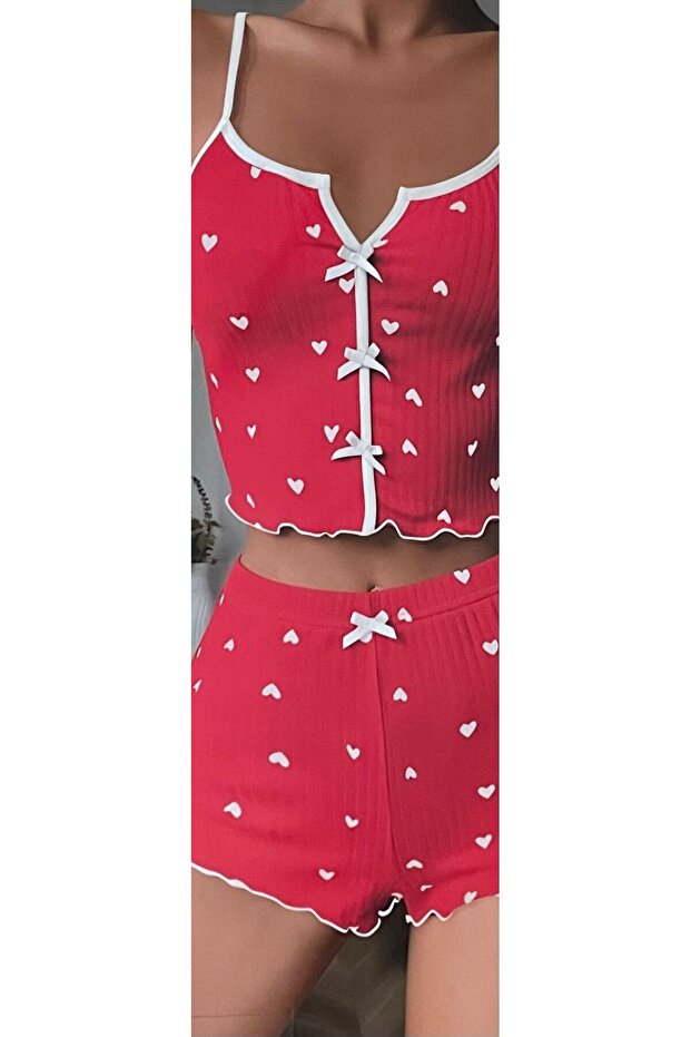 Women's Heart Patterned Shorts Pajama Set