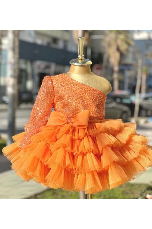 Special Occasion Birthday Evening Dress for Girls with Orange Beaded Skirt Ruffles