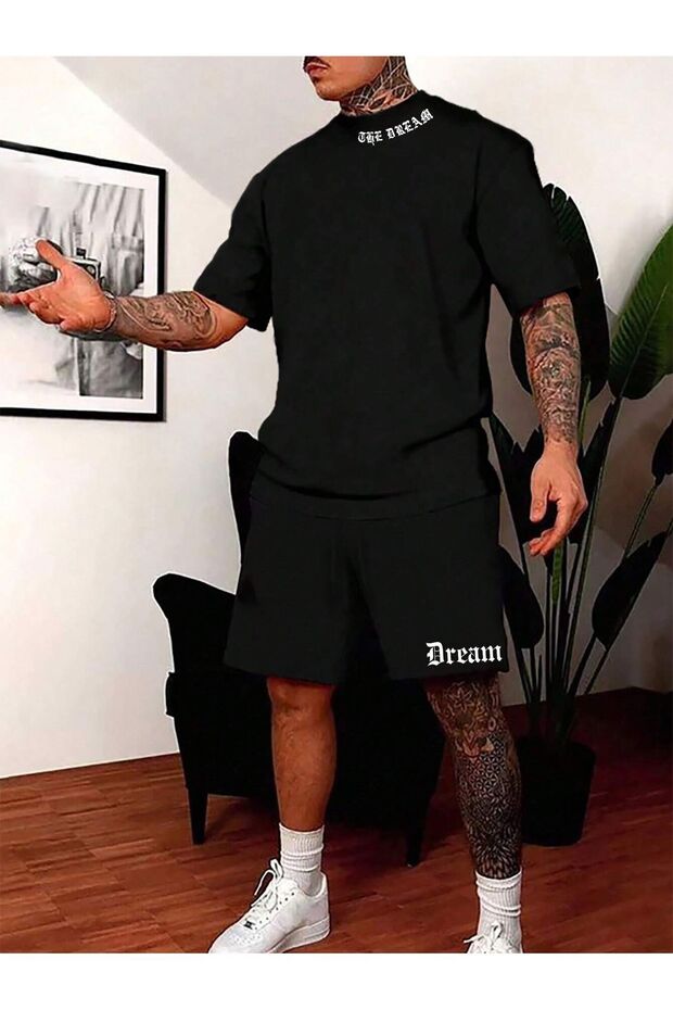The Dream Collar Detail T-Shirt Shorts - Black Shorts T-Shirt Bottom Top Set Printed Crew Neck