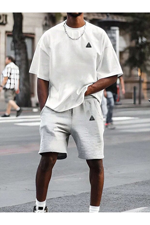 Triangle Ufo Logo T-Shirt Shorts - White Grey Shorts T-Shirt Bottom Top Set Printed Crew Neck