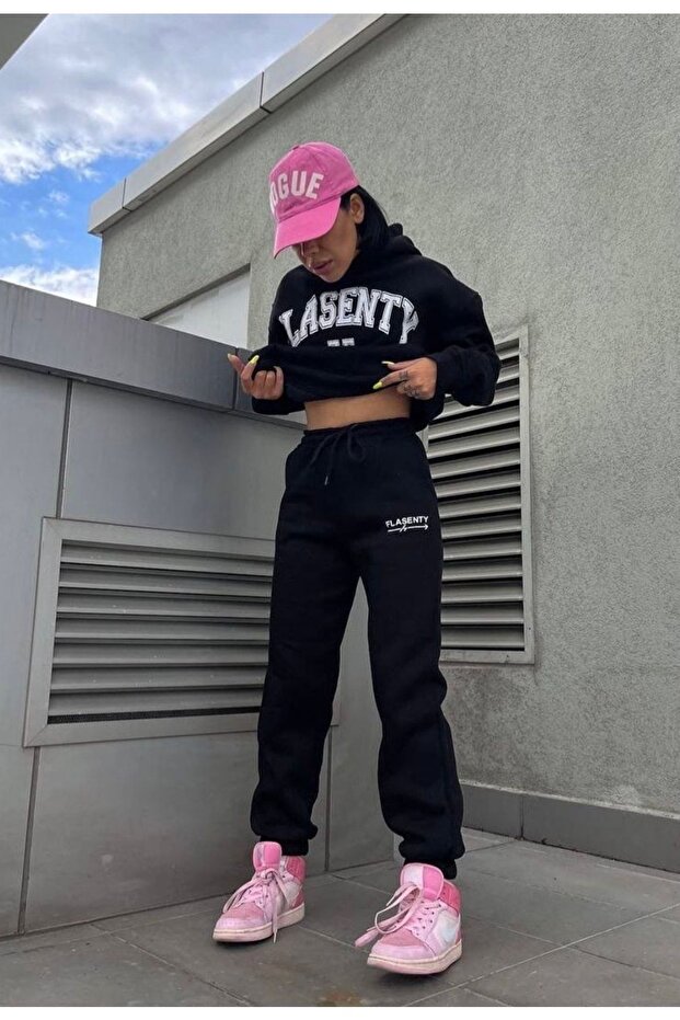 Flasenty FF Tracksuit Set - Black Printed Suit Jogger Sweatshirt Elastic Leg Hooded