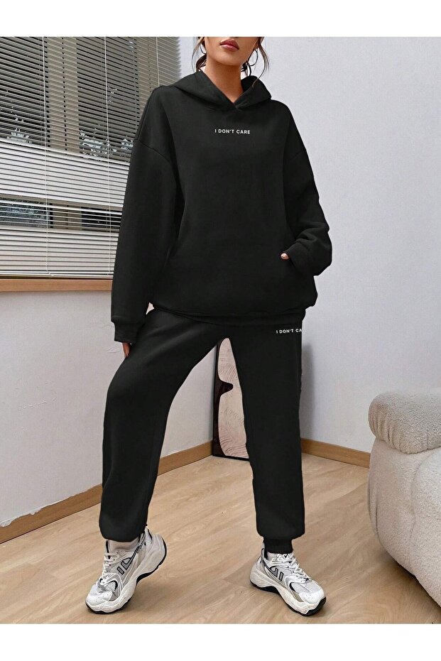 I Dont Care Lower Upper Tracksuit Set - Black Printed Oversize Rubber Leg Hoodie