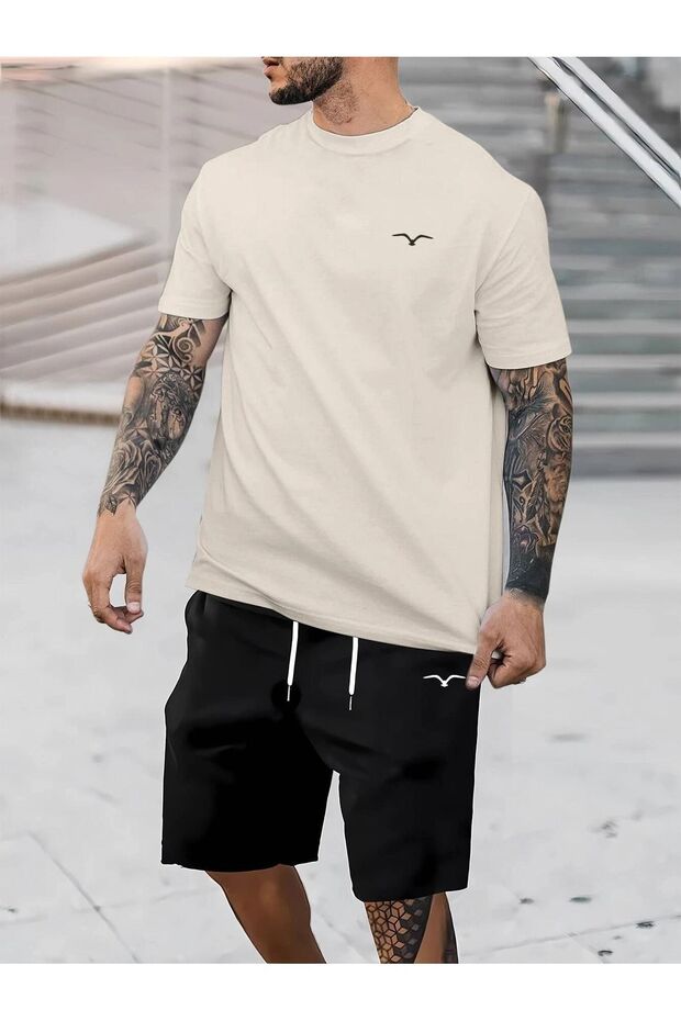Minimal Bird T-Shirt Shorts - Beige Black Shorts T-Shirt Bottom Top Set Printed Crew Neck