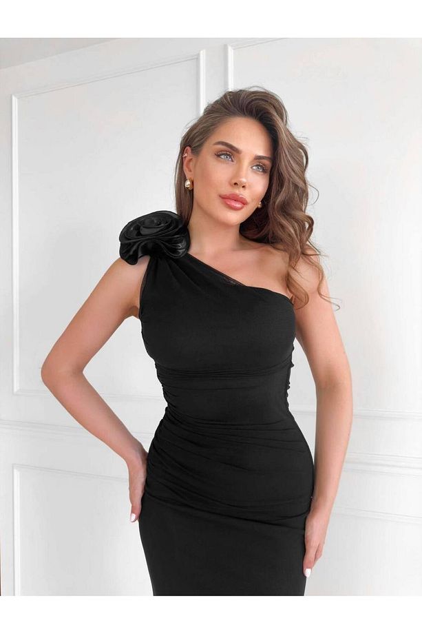 Gül Broşlu Tek Askı Tasarım Midi Boy Elbise - 2