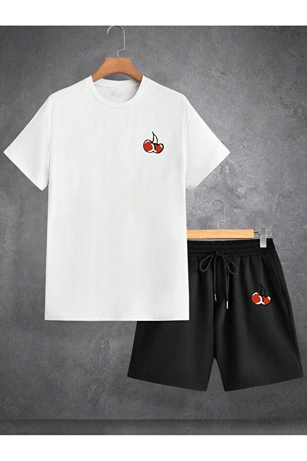 Cherry Pattern T-Shirt Shorts - White with Black Shorts T-Shirt Top and Bottom Set Printed Crew Neck