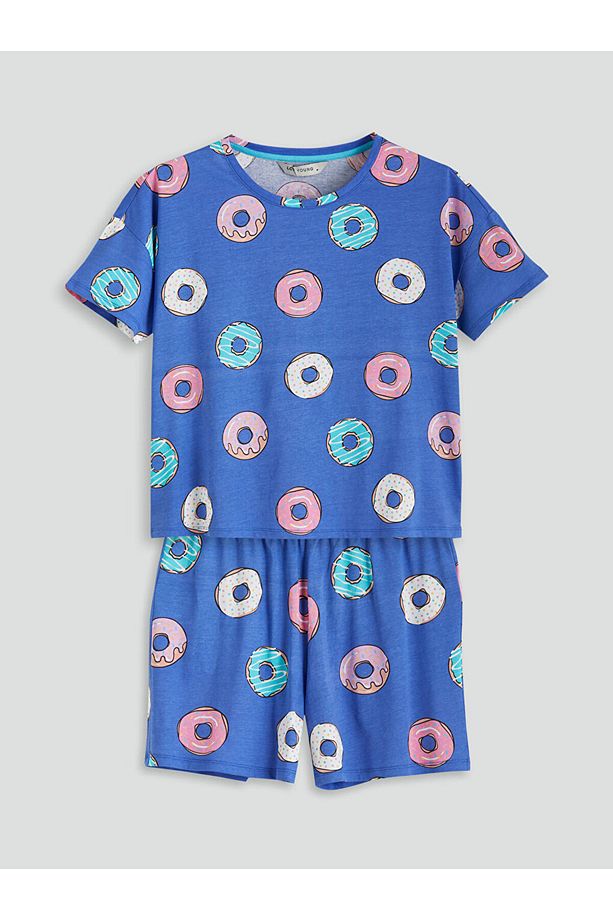 Bisiklet Yaka Desenli Kadın Şortlu Pijama Takımı - 5