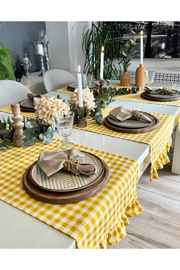 Yellow White Gingham Square Pattern Gingham Runner - Runner