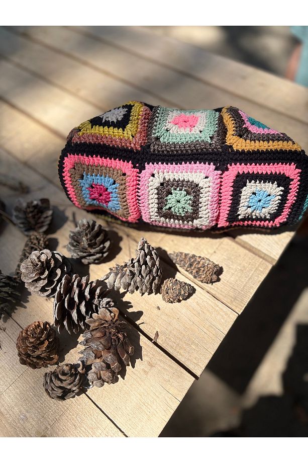 Boho Handmade El Örgüsü Burslu Çanta – Renkli Motifli & Astarlı - 9