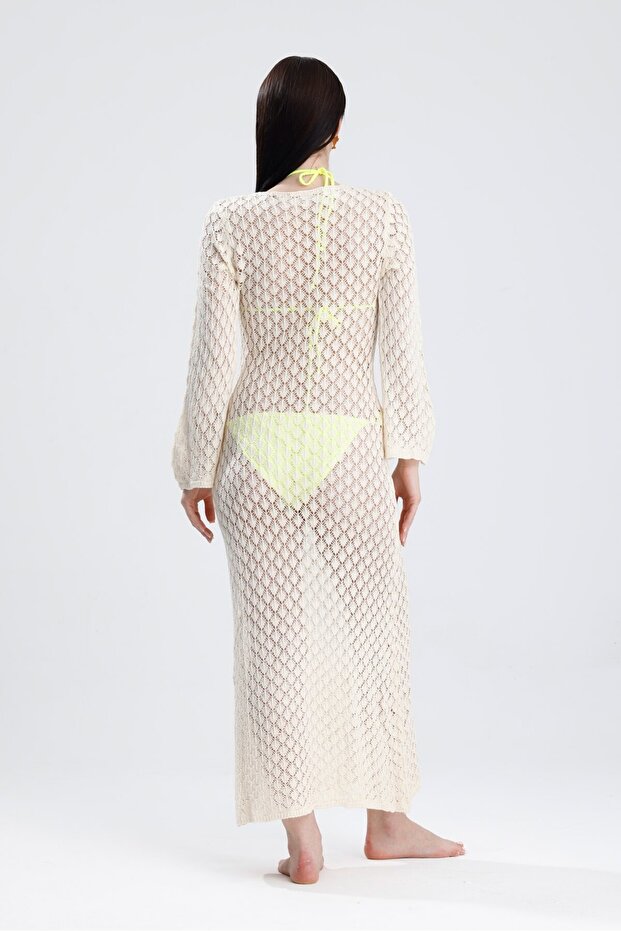 Triko Delikli Elbise - Krem - 2