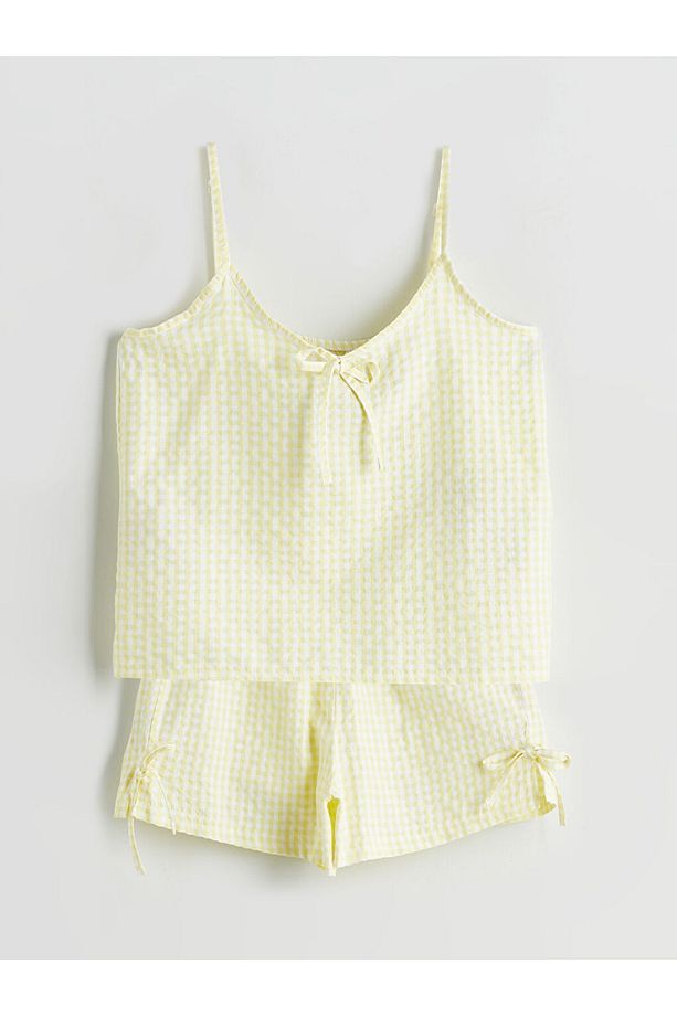 V Yaka Ekose Kadın Şortlu Pijama Takımı - 5