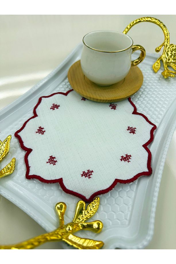 6 Adet Kanaviçe Kalp Yıldızı Desen Keten Kumaş Kahve Yanı Kokteyl Peçetesi & Bardak Altlığı - 1