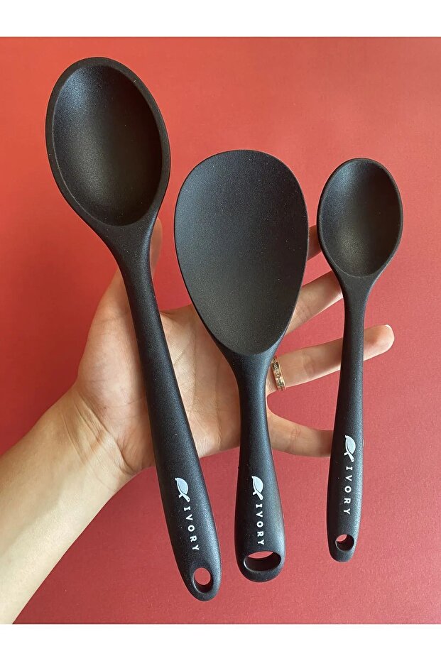 Set of 3 Silicone Spoons Hard and Heat Resistant Silicone Black