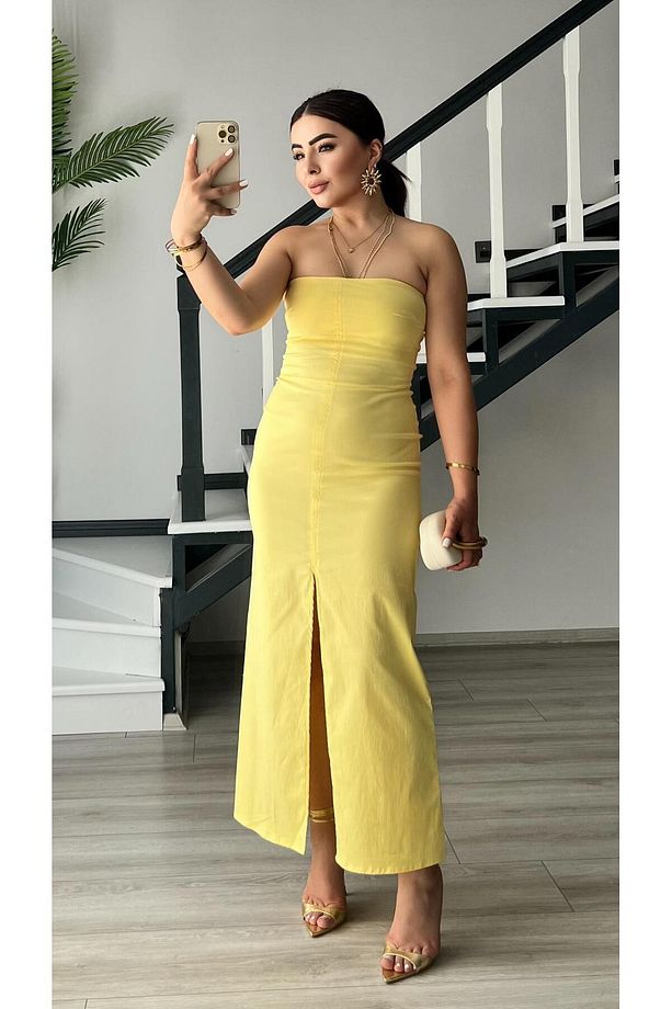 Sarı Ön Yırtmaçlı Straplez Elbise - 6