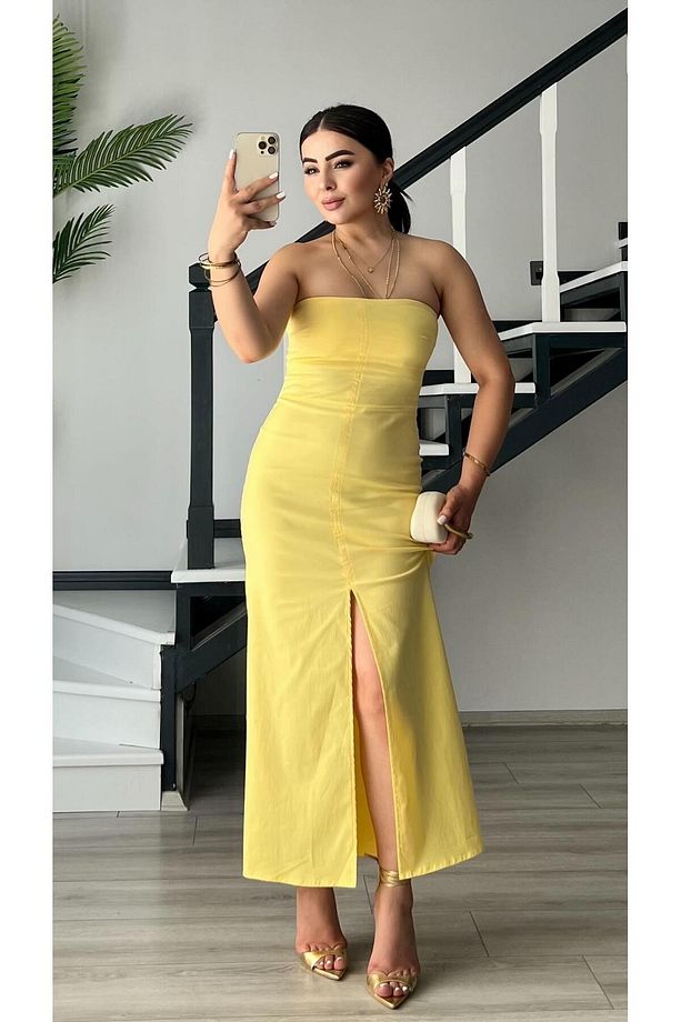 Sarı Ön Yırtmaçlı Straplez Elbise - 1