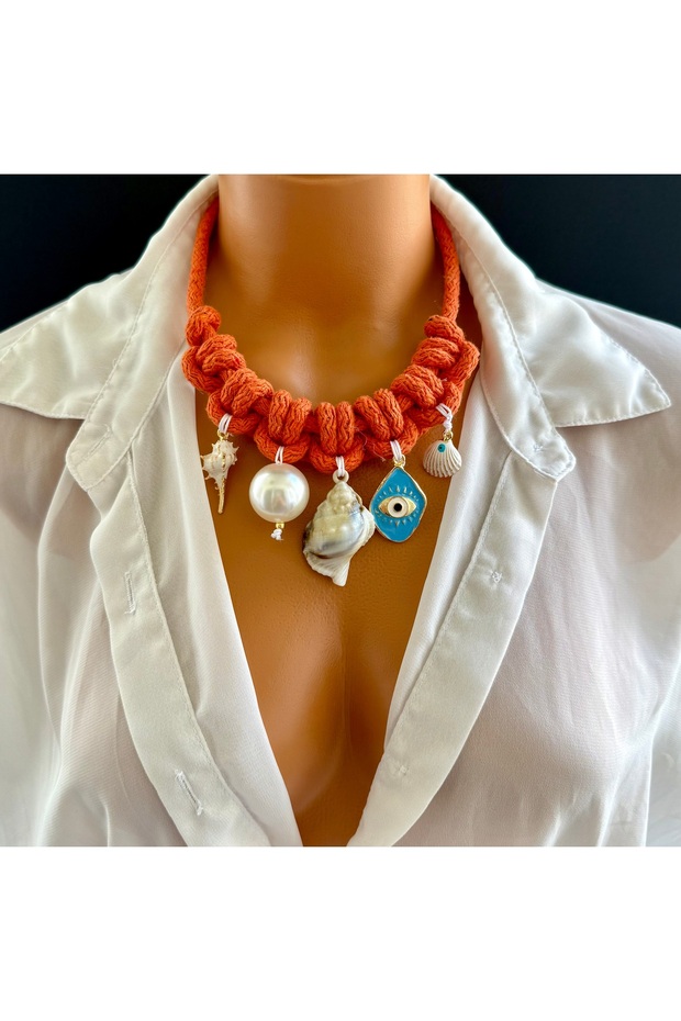 Orange Rope Design Necklace with Seashell, Pearl and Evil Eye Accessories