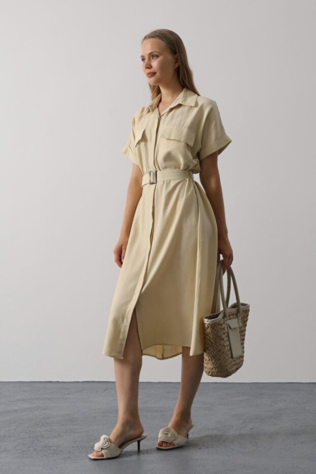 Belted Pocket Detailed Half Sleeve Dress - Ecru