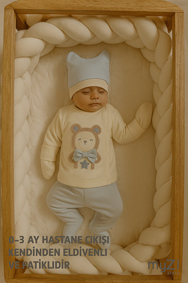 100% Cotton 3-Piece Hospital Release 0-3 Months Booties Bottom Long Sleeve Self-Gloves Top Eared Hat
