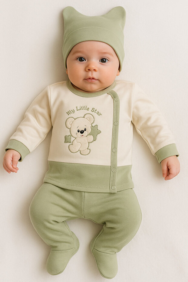 100% Cotton 3-Piece Hospital Release 0-3 Months Booties Bottom Long Sleeve Self-Gloves Top Eared Hat