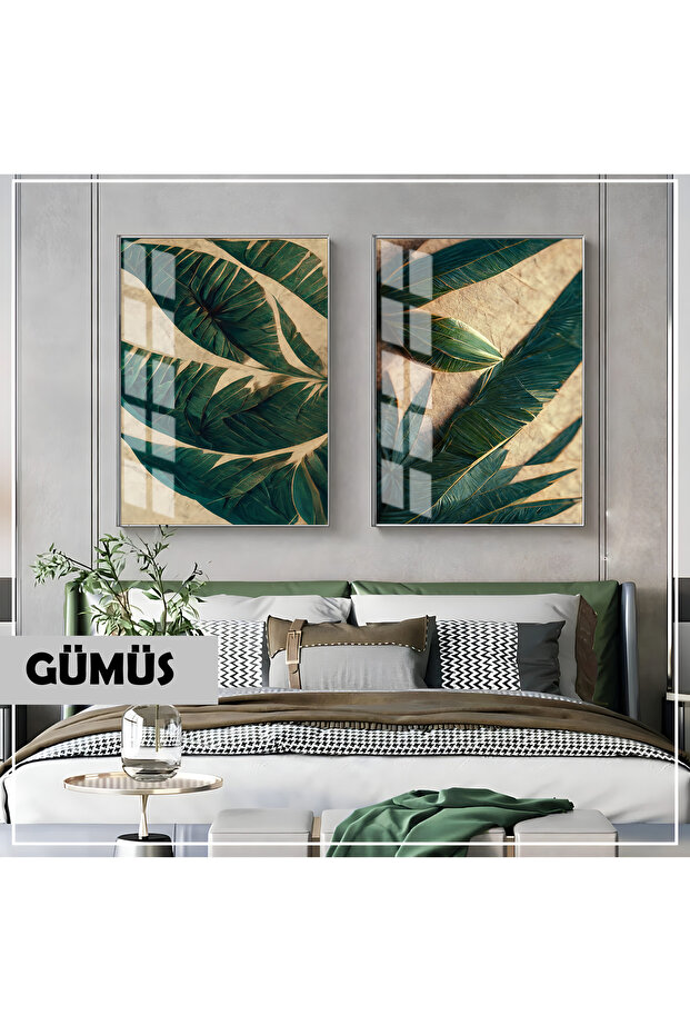 Amazing | Green Leaf Combination (Palm) | Framed Glass Table 2 Pieces Vertical