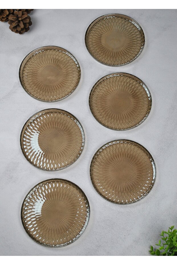 Set of 6 Smoky Glass Patterned 16 cm Dessert Plates / Pastry Serving Plates