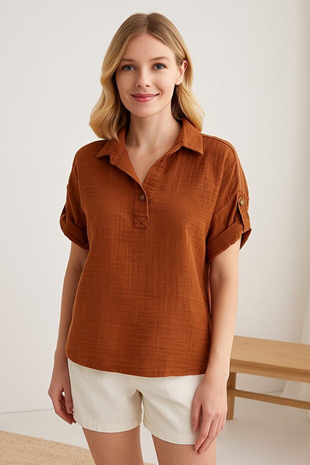 100% Cotton Muslin Brown Women's Blouse – Short Sleeve, Single Button, Free Size, Comfortable Fit**