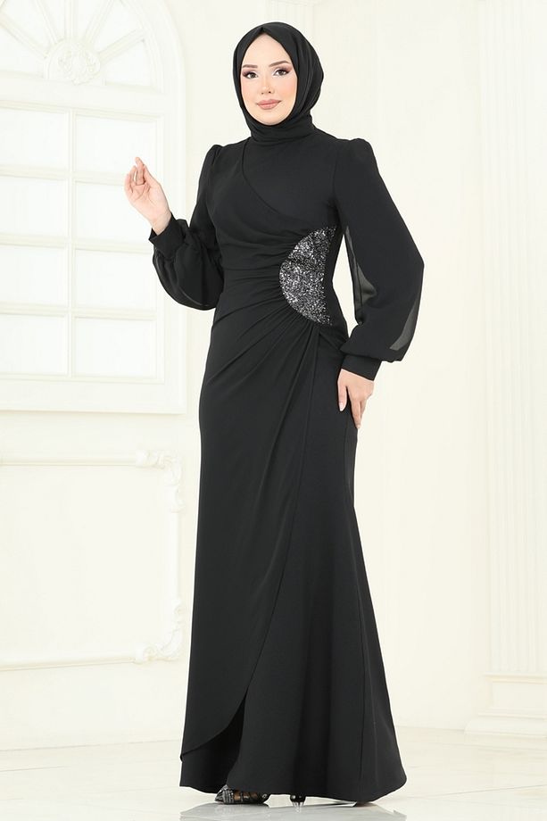 Pul Payetli Abiye Elbise 2770ASMK1074 Siyah - 3