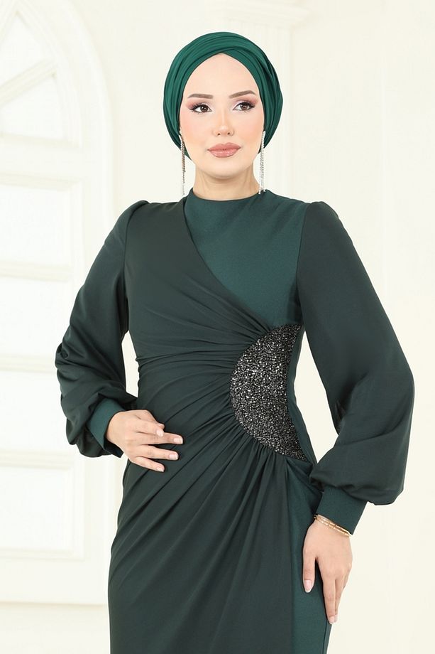 Pul Payetli Abiye Elbise 2770ASMK1074 Zümrüt - 4