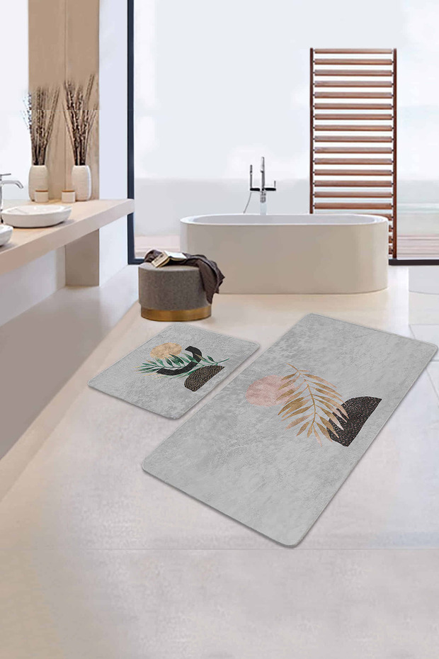 Gray Floor Bohemian Tropical Leaf Motif 2-Piece Non-Slip Base Bathroom & Kitchen Mat Set