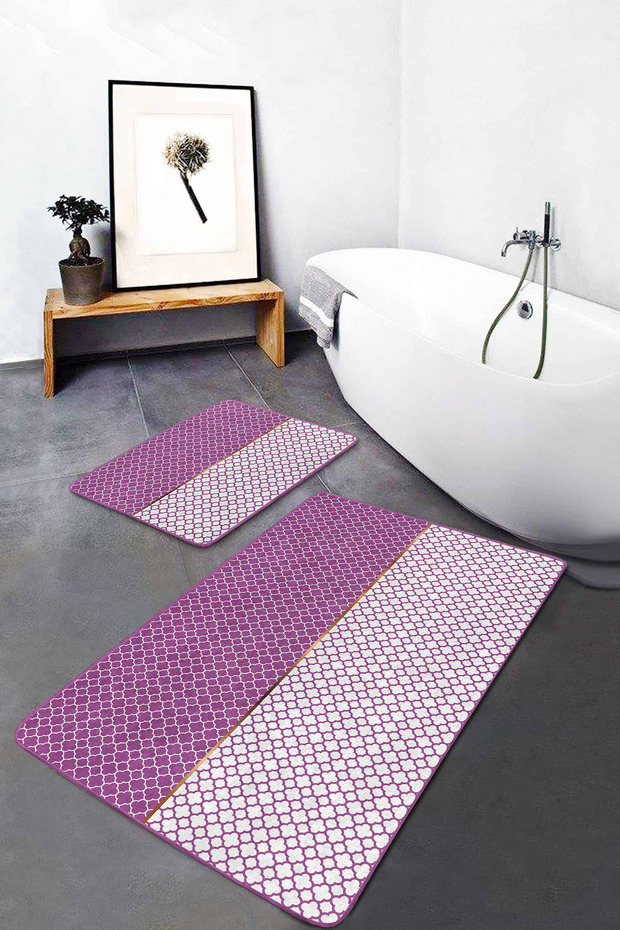 Purple Ogea Motif Digital Printed 2-Piece Non-Slip Base Bathroom & Kitchen Mat Set