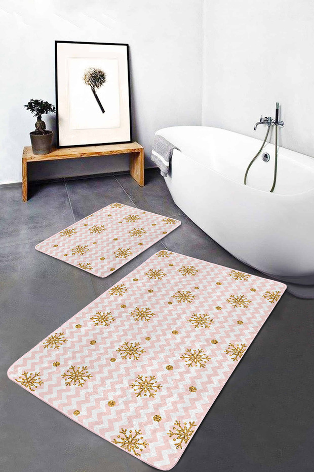 Pink Zigzag Floor Gold Snowflakes Special Design 2-Piece Non-Slip Base Bathroom & Kitchen Mat Set