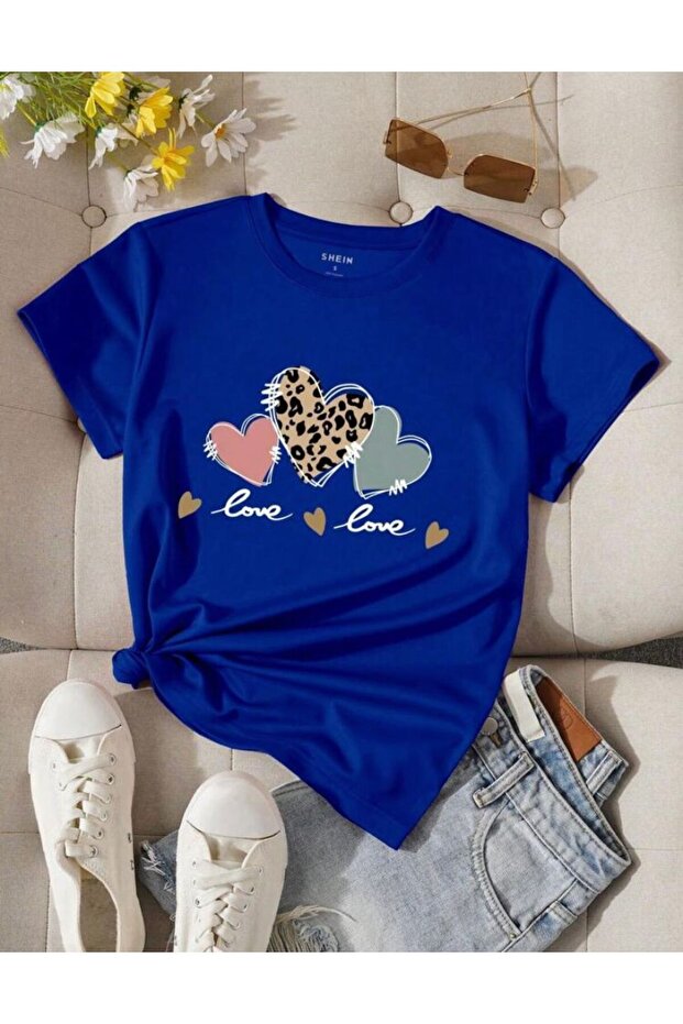 Oversize Blue Cotton Love Heart Printed Relaxed Fit T-Shirt