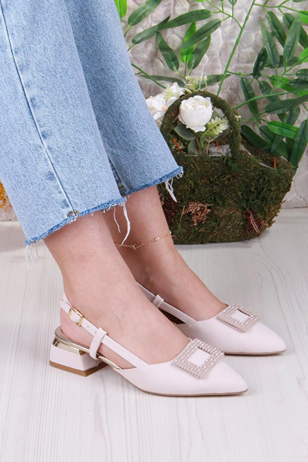 077-2058 Fls Satin Buckle Detailed Low Heel Open Back Closed Front Women's Shoes