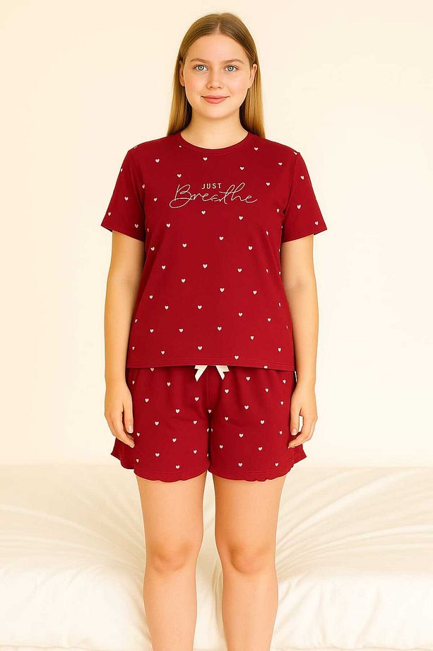 Kalp Desenli Kırmızı Kısa Kollu Şortlu Pijama Takımı - 1