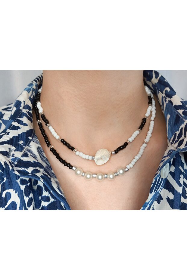 Black and White Sand Beaded Seashell Pearl 2-Piece Handmade Necklace Set–Bohemian Summer Necklace with Pearls