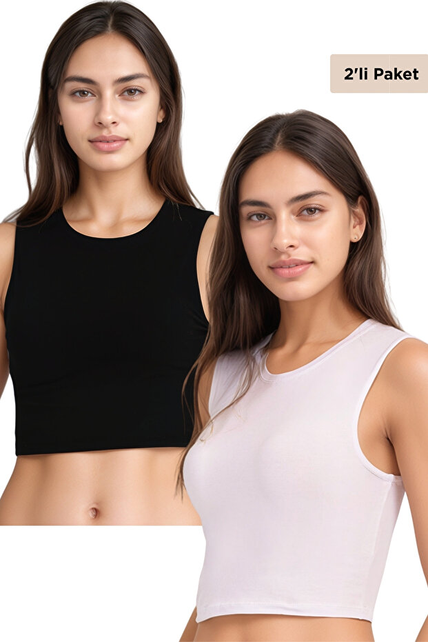 Black-White 2-Pack Cotton, Lycra Crop Crew Neck Sleeveless Tank Top
