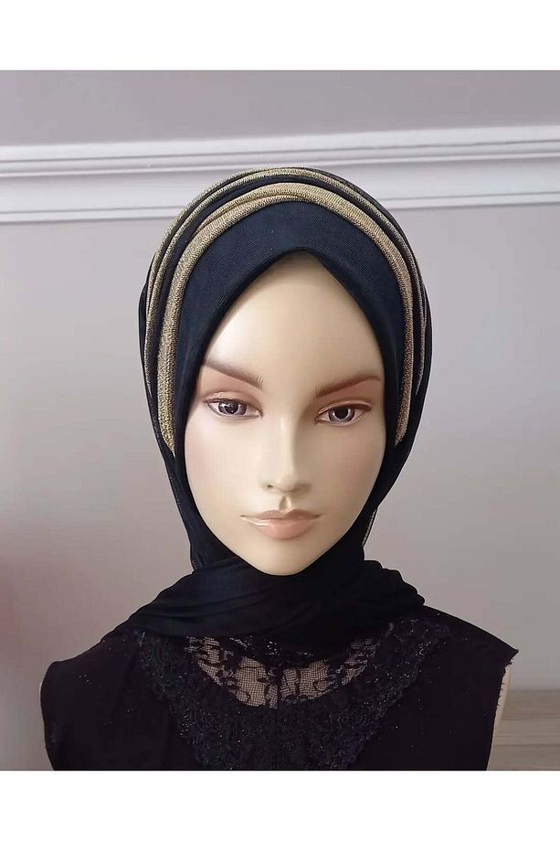 Siyah Renk Gold Simli Drape Eşarp Tipi Şal Modeli Hazır Duvak Hazır Şal Hazır Türban - 2