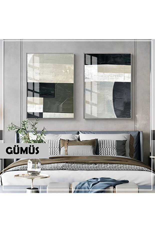 Amazing | Abstract | Ekru Gray Tones Abstract Combination | Framed Glass Table 2 Pieces Vertical