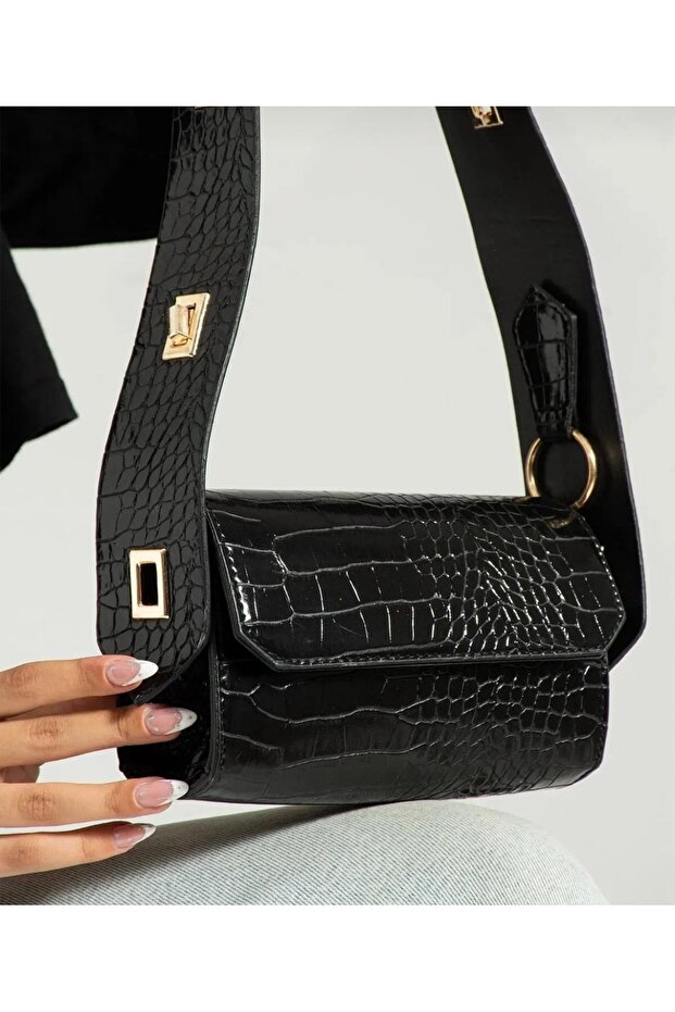 حقيبة تمساح أسود بطول حزام قابل للتعديل متوسطة الحجم - 4