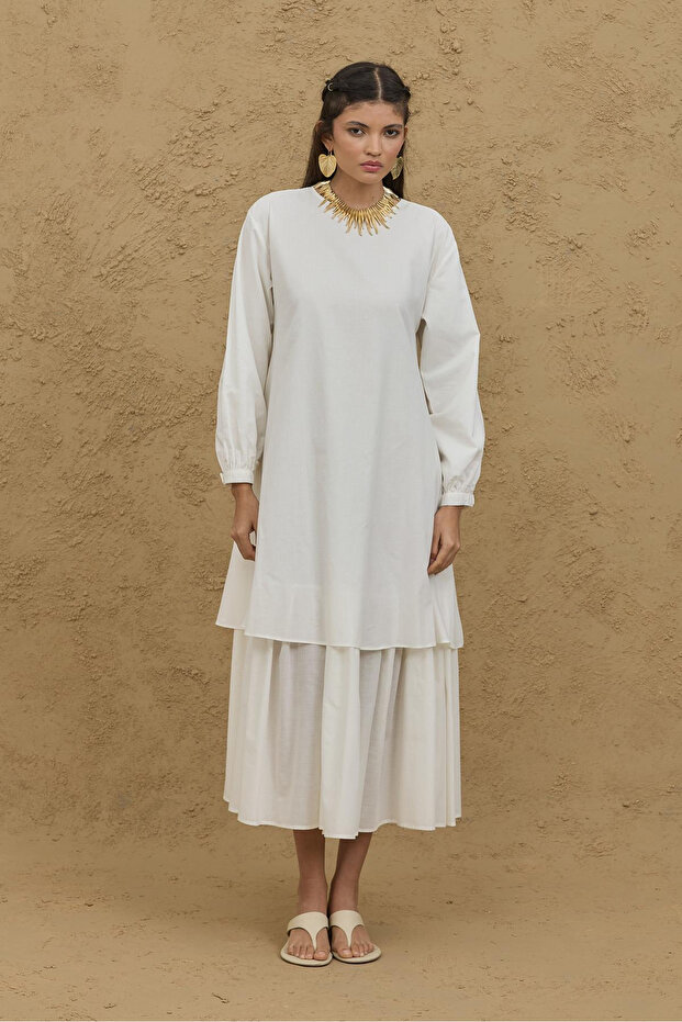 Katlı Vual Elbise Ekru - 5