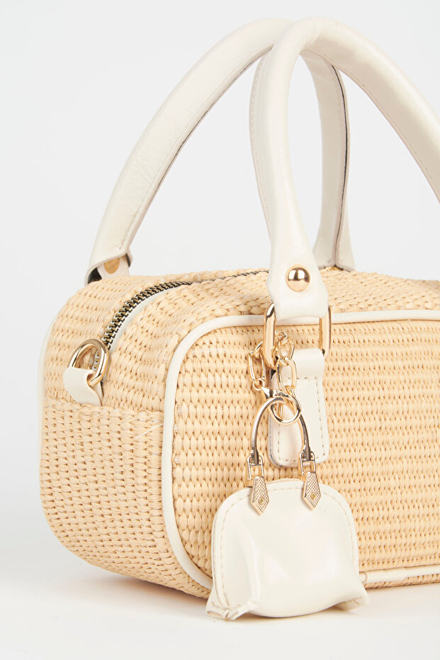 Women's Cedar Wicker Cream Zipper Closure Handbag and Shoulder Bag with Charm Accessories