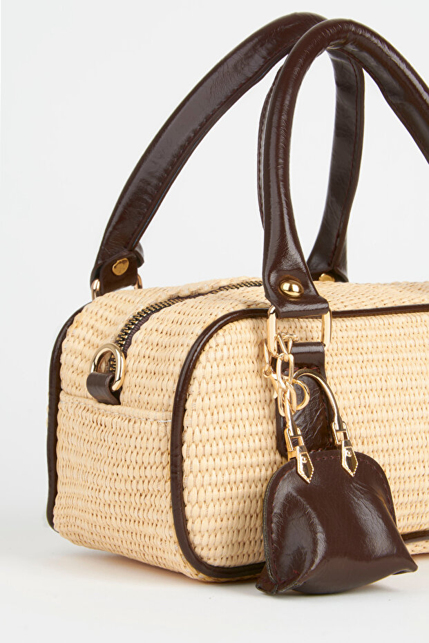 Women's Cedar Wicker Bitter Brown Zipper Closure Handbag and Shoulder Bag with Charm Accessories
