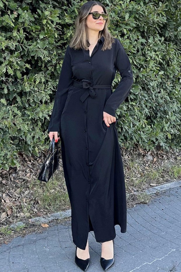 Women's Black Self-Textured Kupra Crepe Shirt Dress with Pocket and Belt Detail - 700-3576