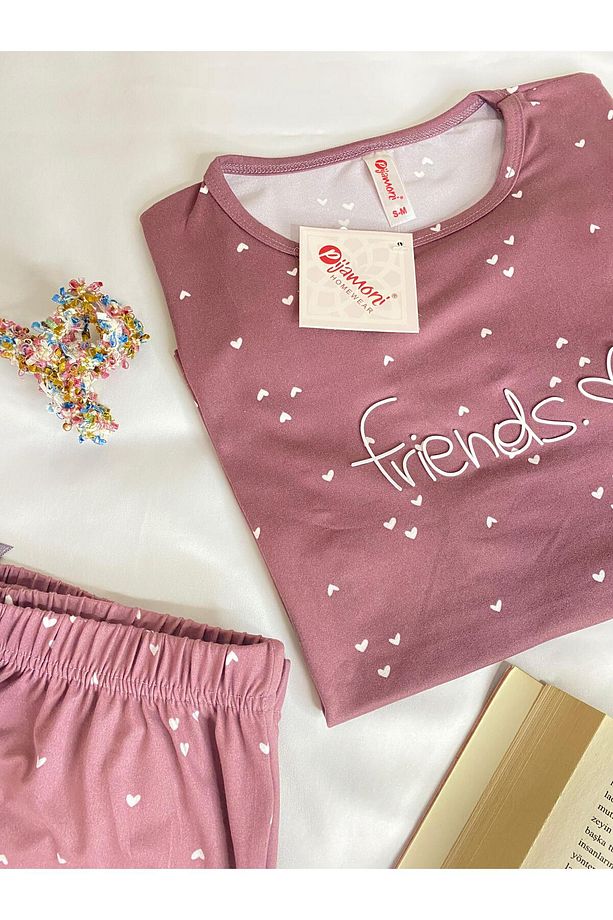Kalp Desenli Gül Kurusu Renkli Kısa Kollu Şortlu Pijama Takımı - 5