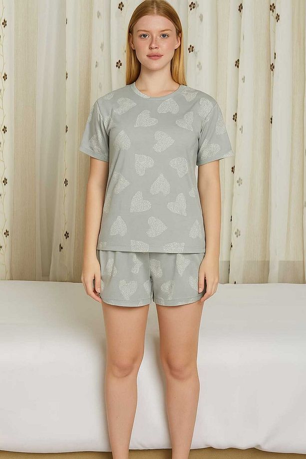 Gri Renkli Kalp Desenli Kısa Kollu Şortlu Pijama Takımı - 1