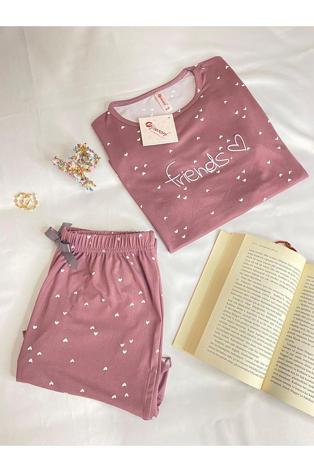 Kalp Desenli Gül Kurusu Renkli Kısa Kollu Şortlu Pijama Takımı - 4